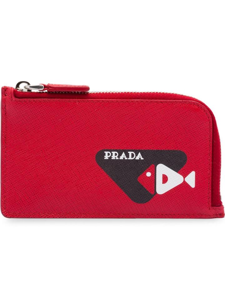 Prada Fish Sketch Motif Saffiano Leather Card Holder - Red