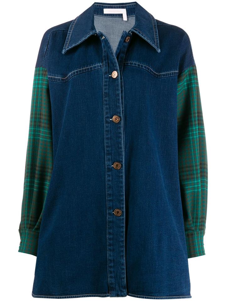 See By Chloé Contrast Check-print Denim Shirt - Blue