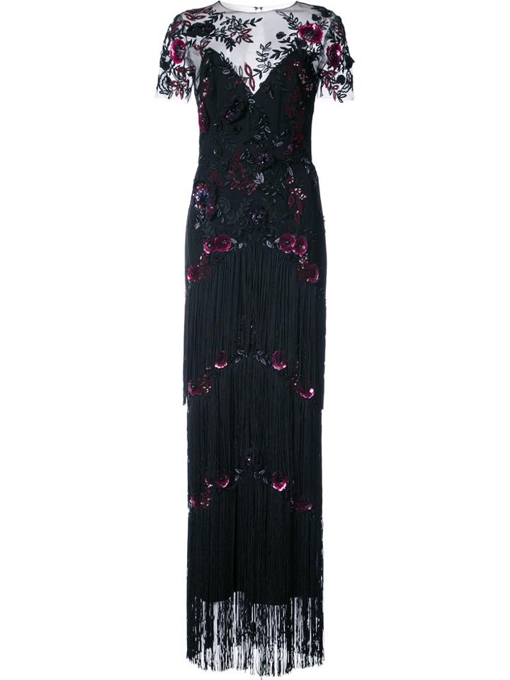 Marchesa Notte Fringe Floral Gown - Black