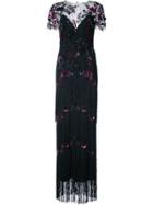 Marchesa Notte Fringe Floral Gown - Black