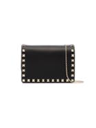 Valentino Black Rockstud Studded Leather Wallet On A Chain