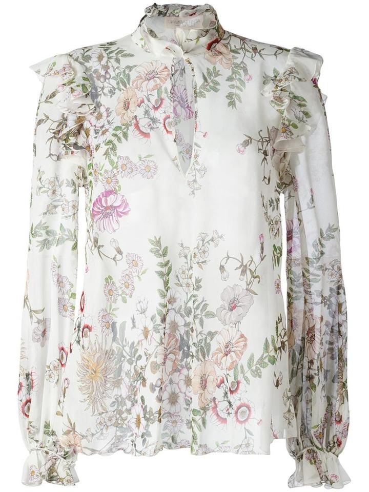 Giambattista Valli Flower Print Sheer Blouse, Women's, Size: 44, White, Silk