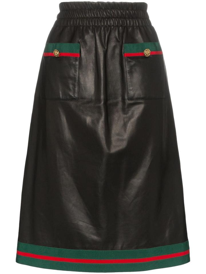 Gucci Two Pocket Web Trimmed Leather Skirt - Black