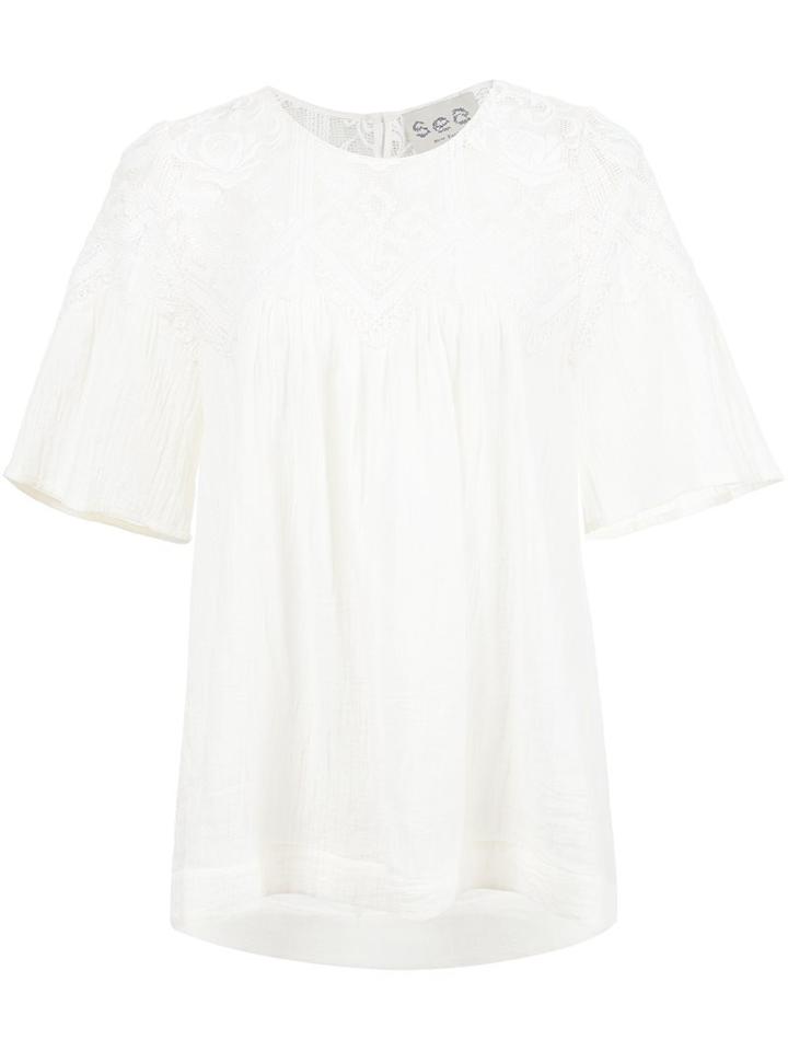 Sea Embroidered Short Sleeve Blouse, Women's, Size: 2, White, Cotton