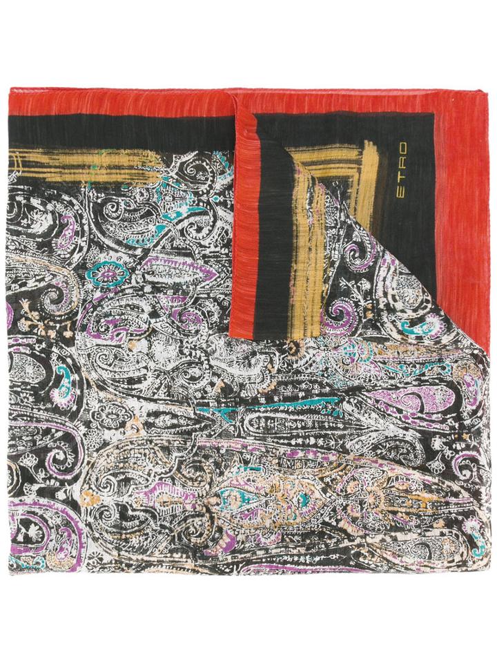 Etro Paisley Print Scarf, Men's, Black, Silk/linen/flax