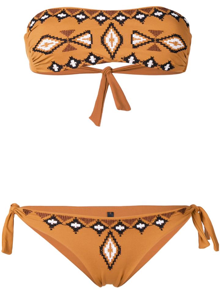 Fisico Embroidered Pattern Bandeau Bikini - Brown