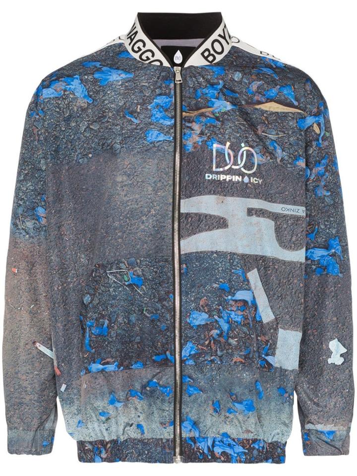 Duo Logo Band Print Bomber Jacket - Blue