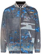 Duo Logo Band Print Bomber Jacket - Blue