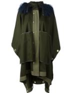 Sacai Oversized Eyelet Cape, Women's, Size: 2, Green, Cotton/calf Leather/wool/lamb Fur