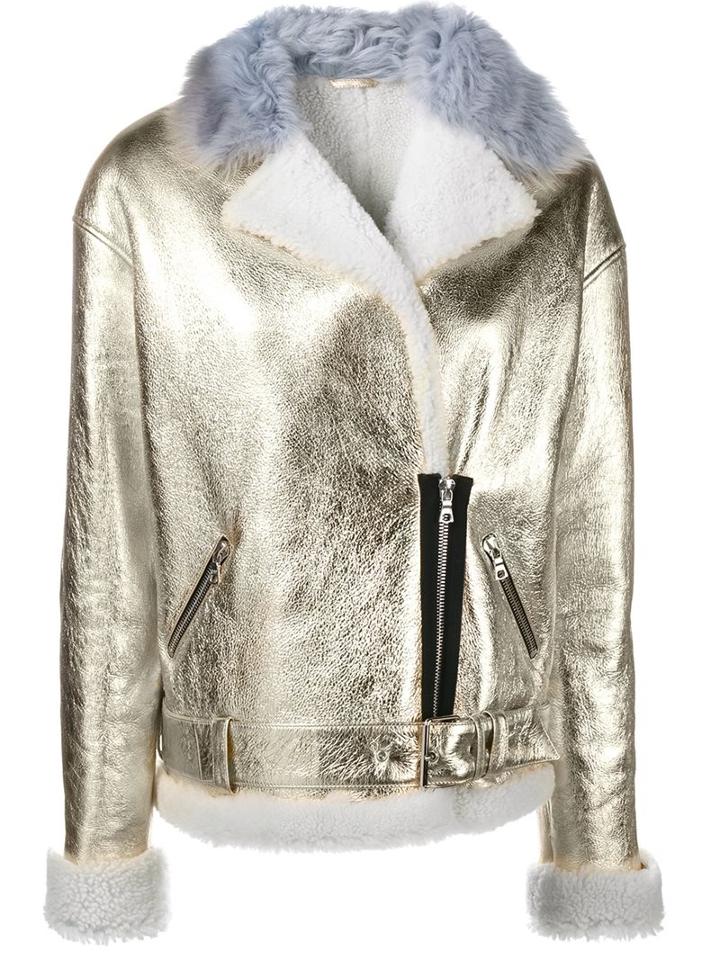 Sandy Liang 'gold Bowery' Biker Jacket, Women's, Size: 36, Grey, Leather/sheep Skin/shearling