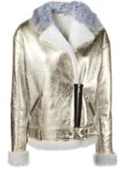 Sandy Liang 'gold Bowery' Biker Jacket, Women's, Size: 36, Grey, Leather/sheep Skin/shearling