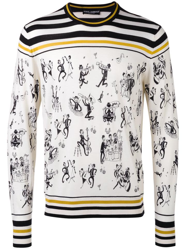 Dolce & Gabbana Jazz Club Print Sweater, Men's, Size: 48, White, Cashmere/silk