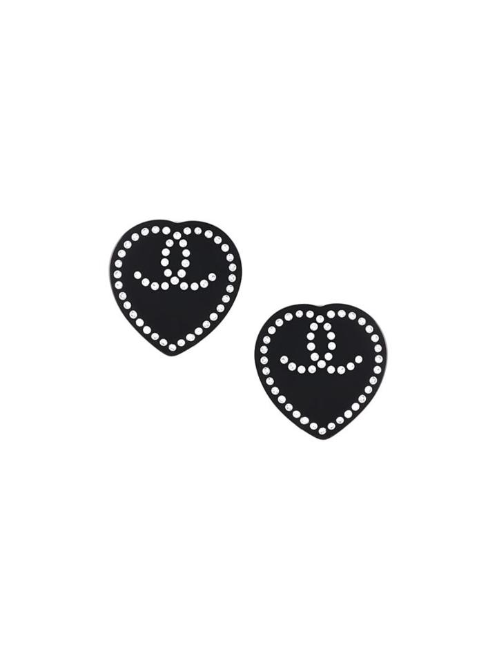 Chanel Vintage Pavé Heart Earrings, Women's, Black