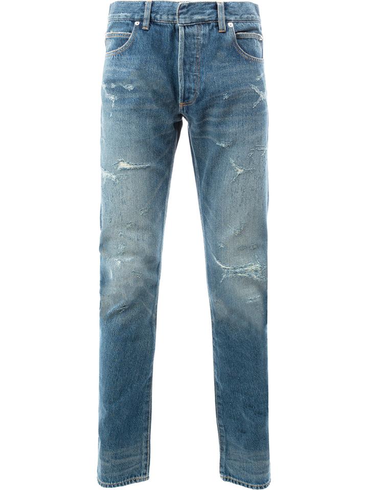 Balmain Destroyed Stone Washed Jeans - Blue