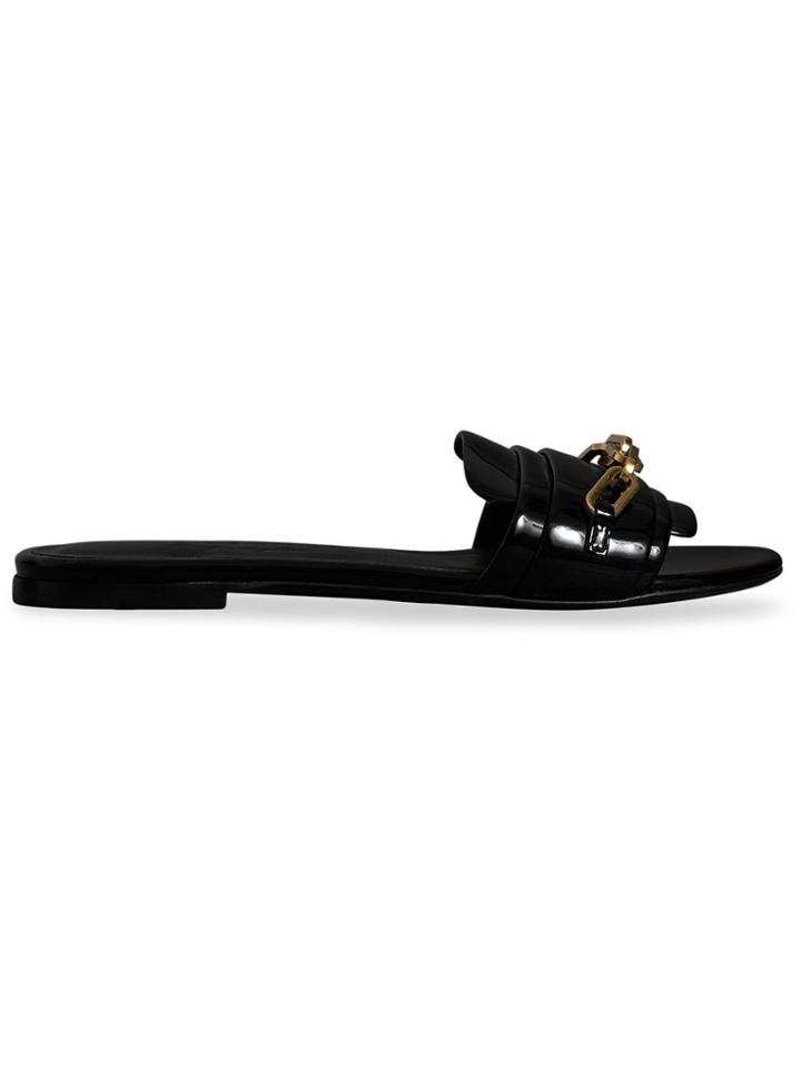Burberry Link Detail Patent Leather Slides - Black