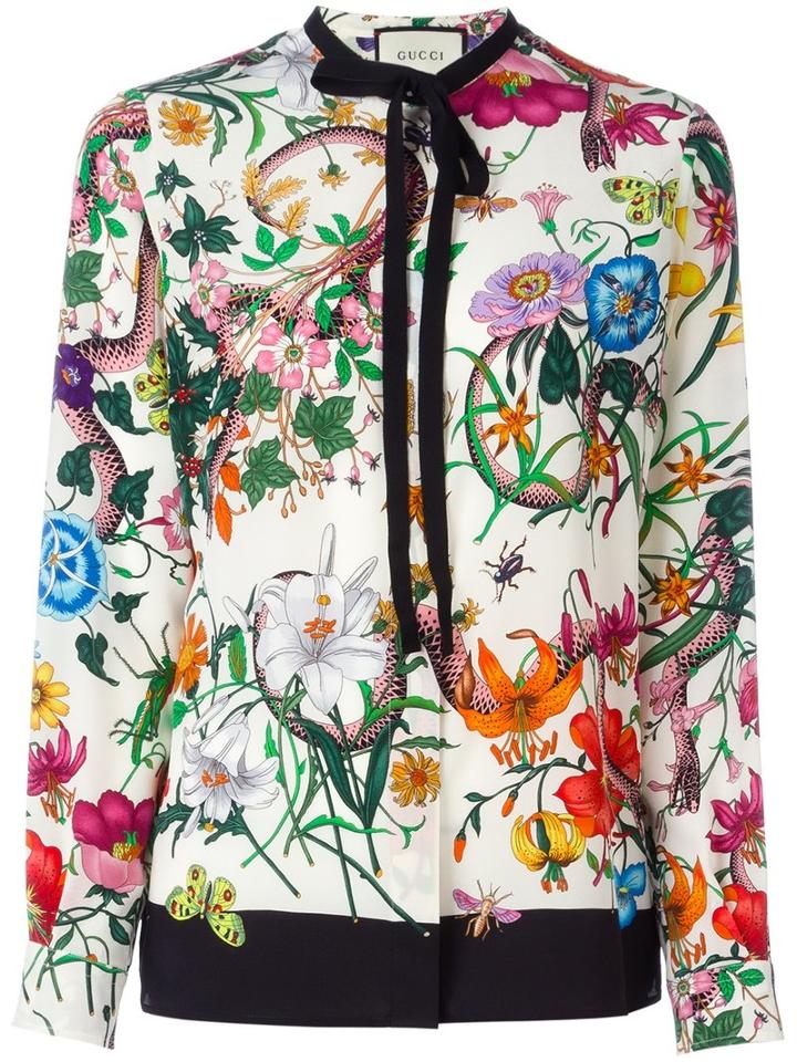 Gucci Flora Snake Print Blouse, Size: 46, White, Silk/cotton/viscose
