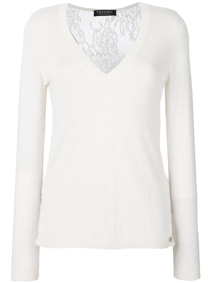 Twin-set Deep V-neck Lace Top - Nude & Neutrals