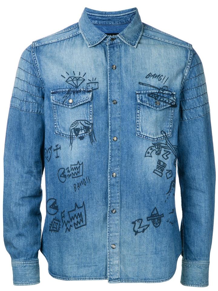 Roar Doodle Print Denim Shirt, Men's, Size: Iii, Blue, Cotton
