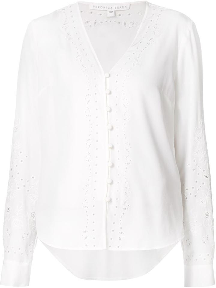 Veronica Beard Embroidered V-neck Blouse, Women's, Size: 10, White, Silk