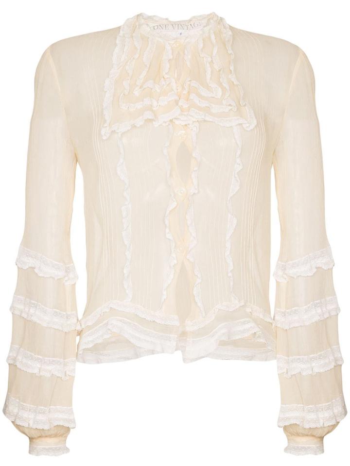 One Vintage Ruffle-trim Sheer Blouse - White