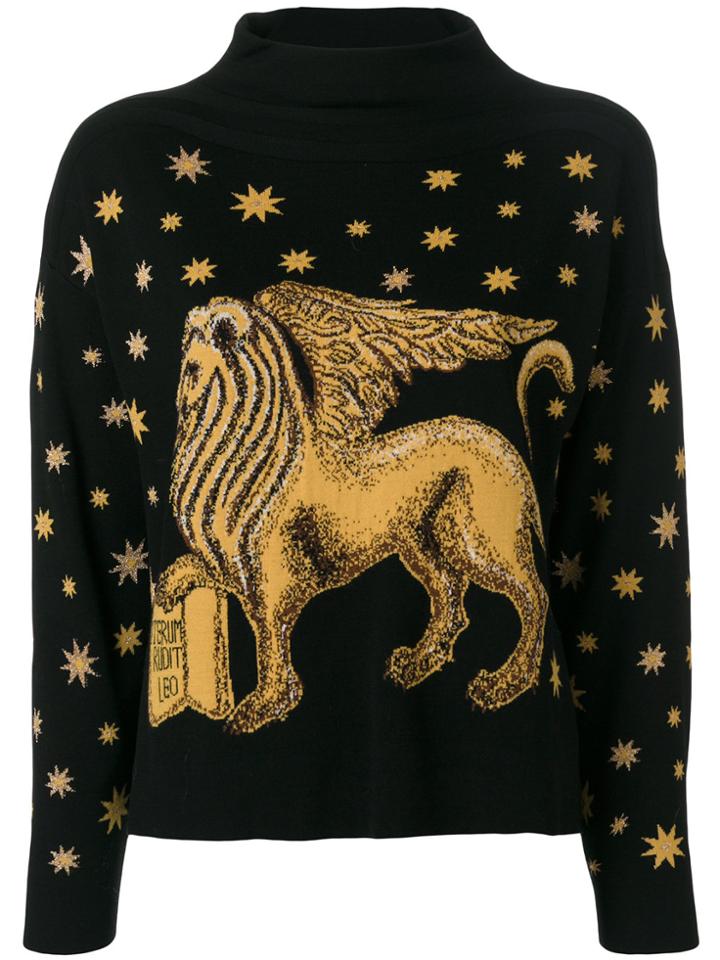 Alberta Ferretti Winged Lion And Stars Embroidered Sweater - Black
