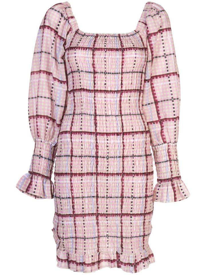 Ganni Checked Smocked Dress - Purple
