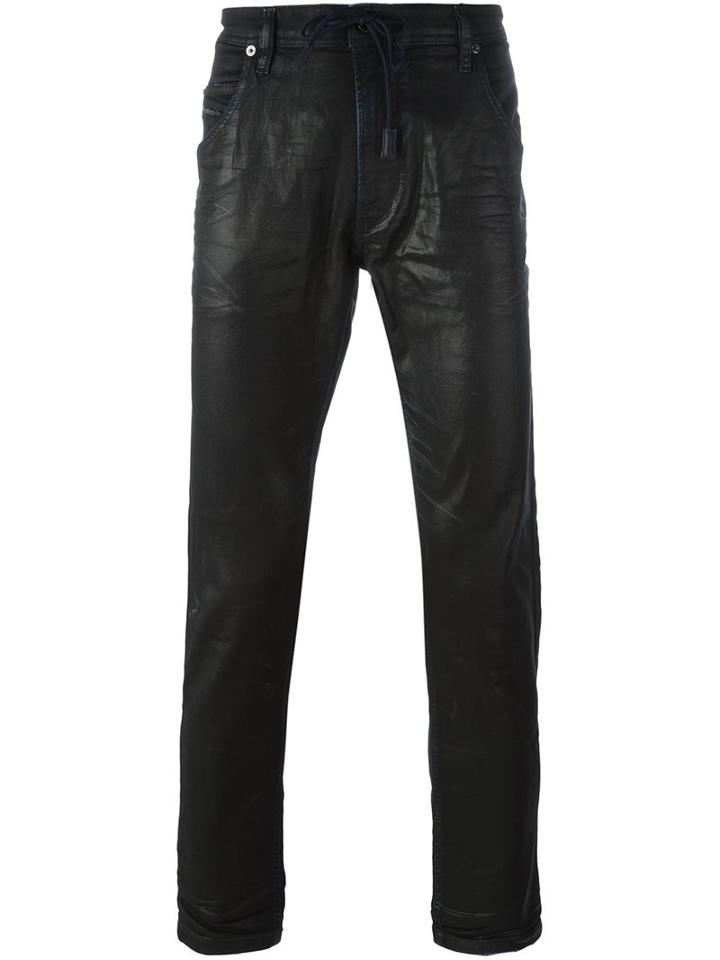 Diesel Wax Effect Tapered Jeans, Men's, Size: 32, Black, Cotton/polyester/spandex/elastane
