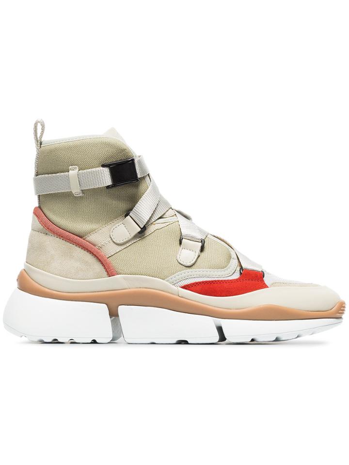 Chloé Beige, Grey And Red Sonnie Suede Leather And Mesh High Top