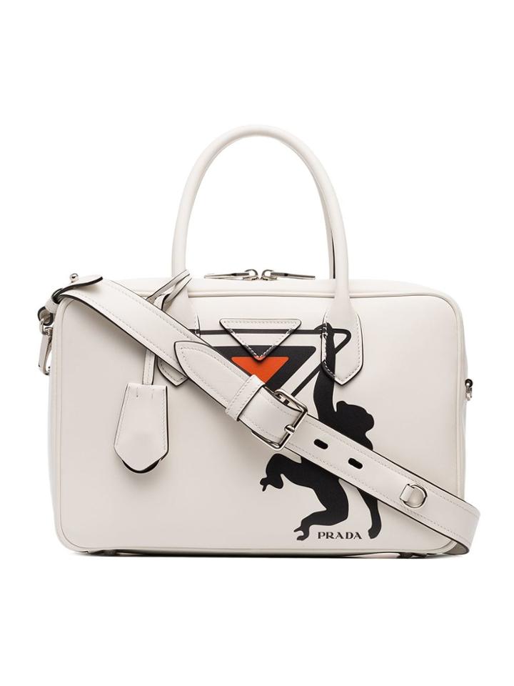 Prada White Monkey Print Leather Bowling Bag - Nude & Neutrals