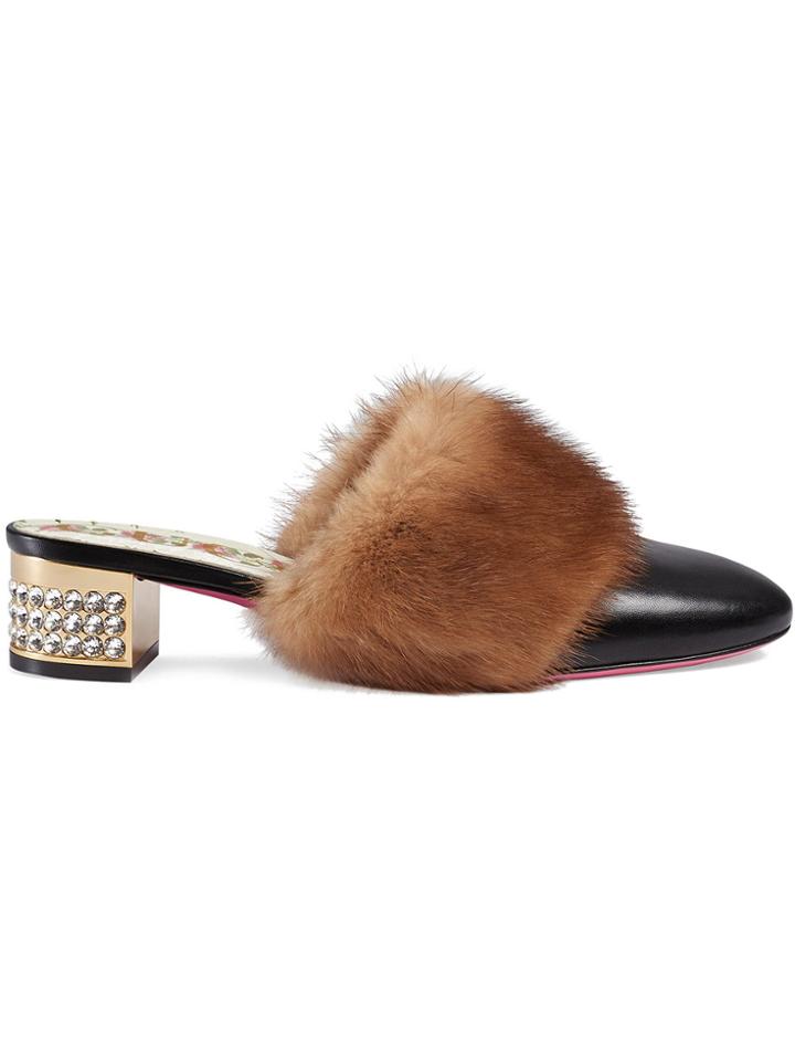 Gucci Leather Slide With Mink Fur - Black