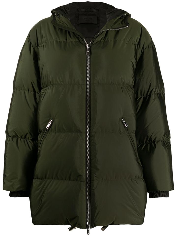Prada Feather Down Zipped Long Coat - Green