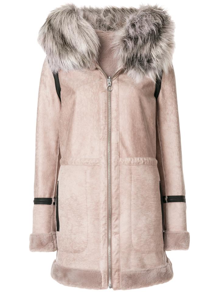 Urbancode Faux Fur Trim Hooded Coat - Nude & Neutrals