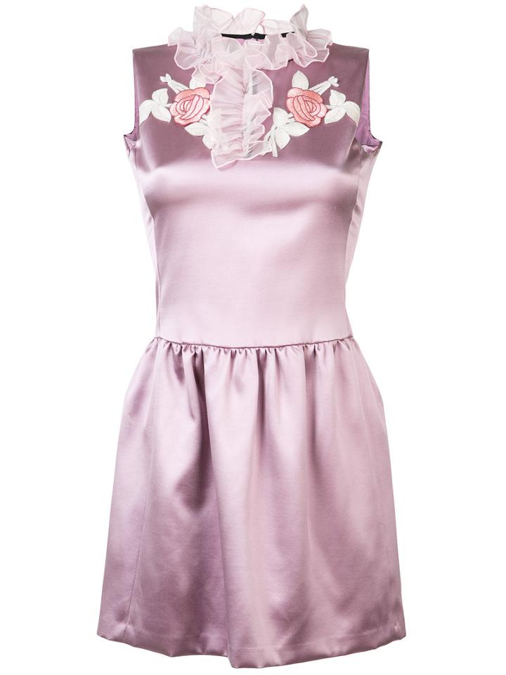 Giamba - Embroidered Ruffle Neck Dress - Women - Silk/acetate/viscose - 38, Pink/purple, Silk/acetate/viscose