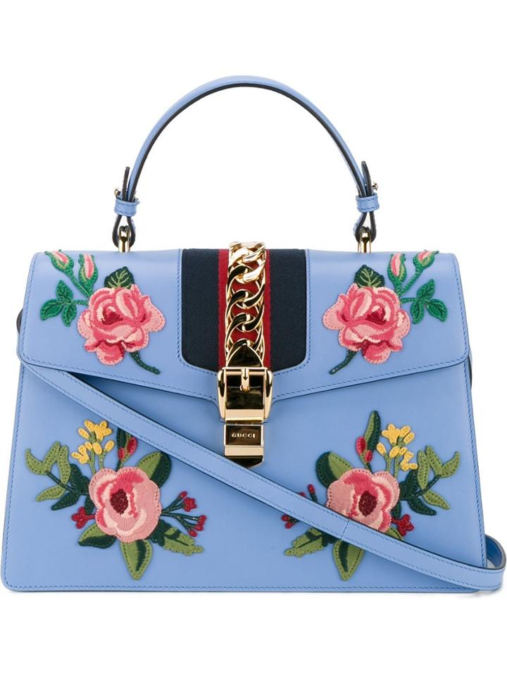 Gucci Medium Sylvie Applique Tote - Blue