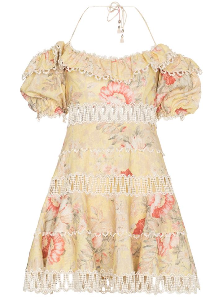 Zimmermann Jaya Wave Bodice Halterneck Cotton Linen-blend Dress -