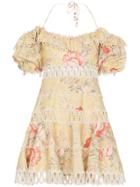 Zimmermann Jaya Wave Bodice Halterneck Cotton Linen-blend Dress -