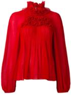 Giamba Ruffled Neck Blouse, Women's, Size: 40, Red, Polyester/silk