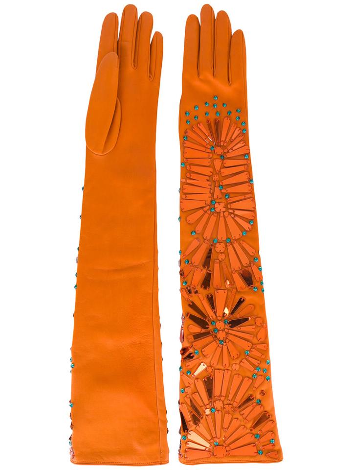 Maison Margiela - Elbow-length Gloves - Women - Lamb Skin/polyacrylic/glass - L, Yellow/orange, Lamb Skin/polyacrylic/glass