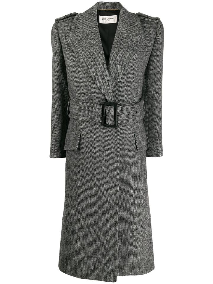 Saint Laurent Oversized Belted Herringbone Coat - Grey