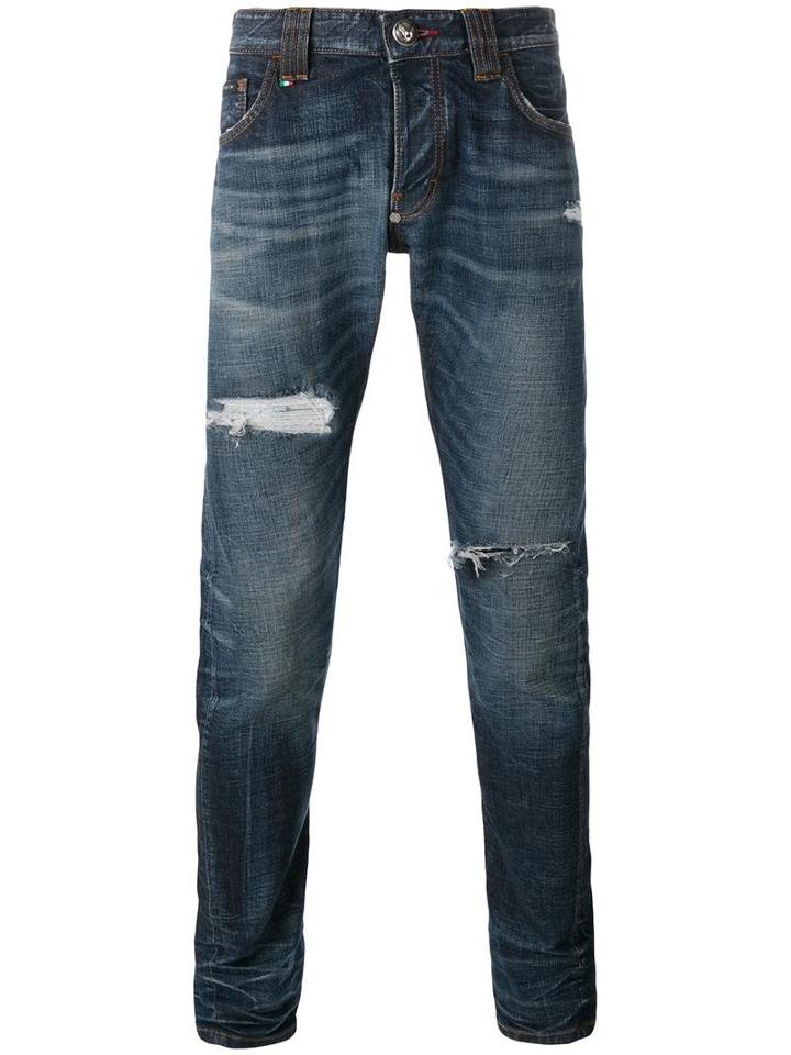 Philipp Plein Distressed Slim-fit Jeans, Men's, Size: 32, Blue, Cotton/spandex/elastane/polyester