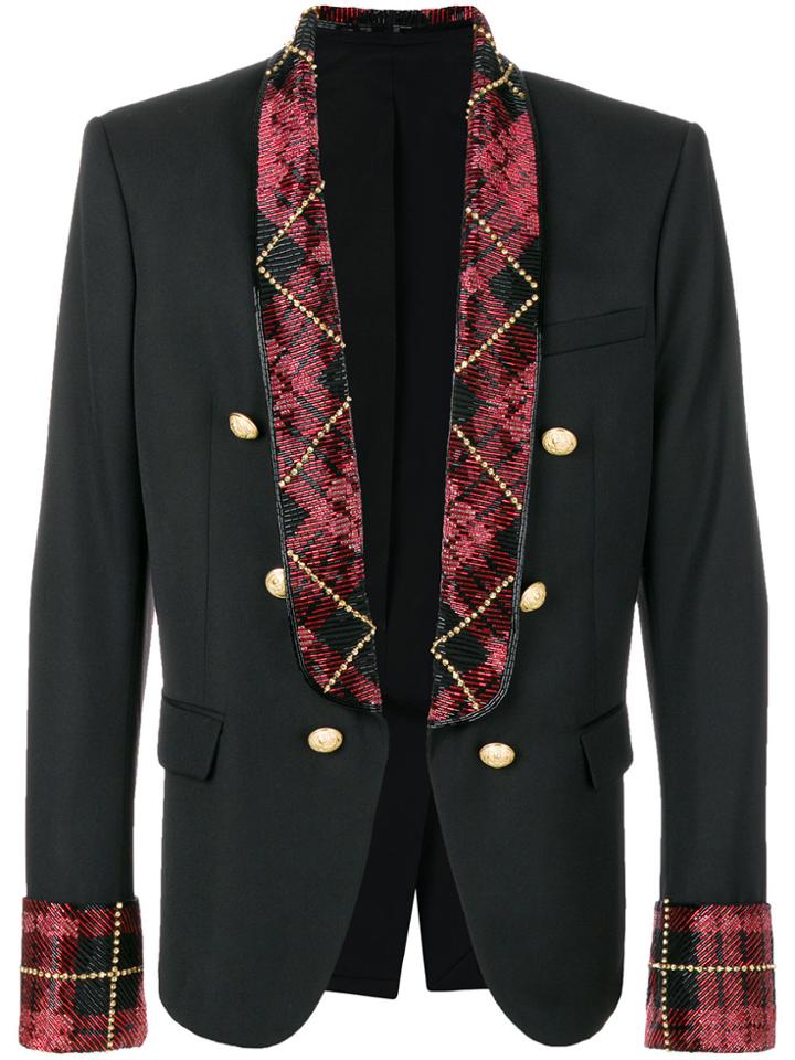Balmain Tartan-trimmed Blazer - Black