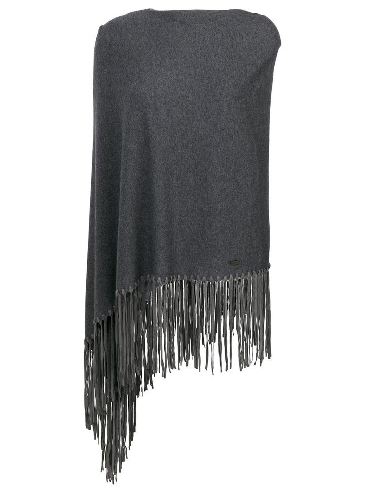 Armani Collezioni - Fringed Cape Scarf - Women - Wool/viscose/polyamide/goat Skin - One Size, Grey, Wool/viscose/polyamide/goat Skin
