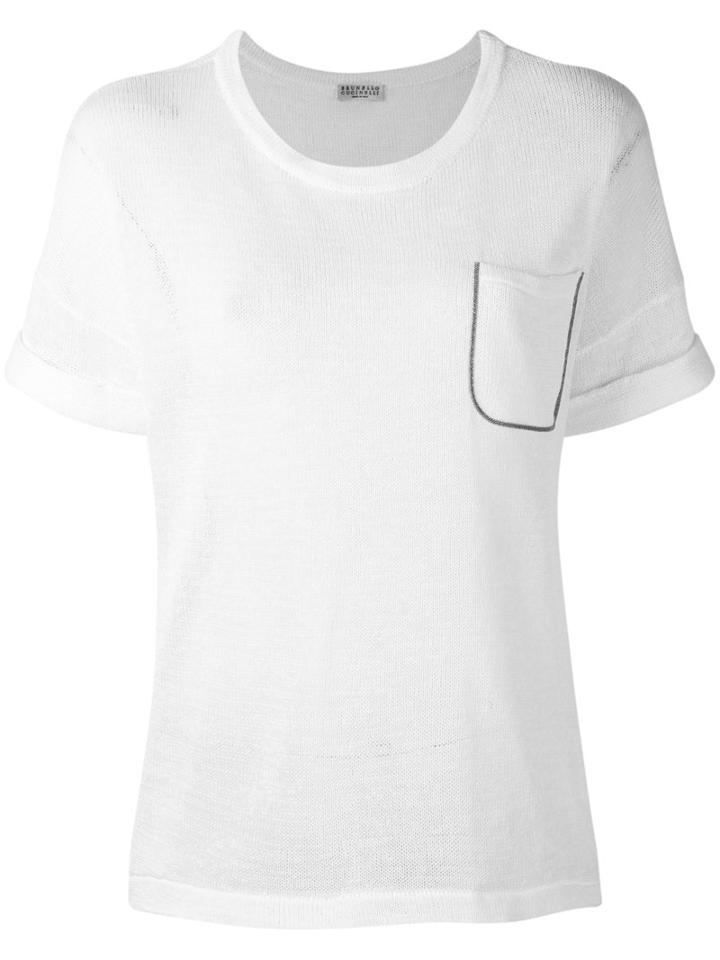 Brunello Cucinelli Embellished Chest Pocket T-shirt, Women's, Size: Small, White, Cotton