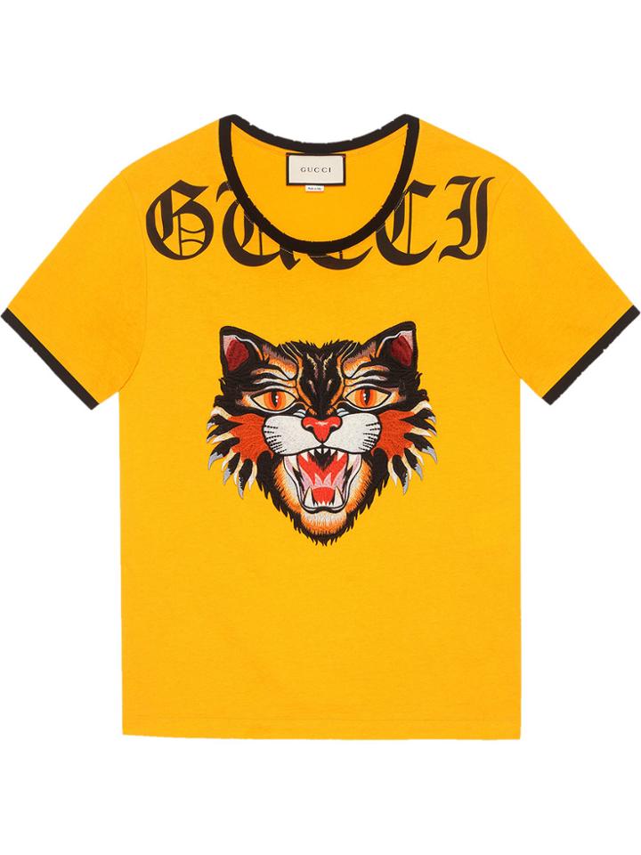 Gucci T-shirt With Angry Cat Appliqué - Yellow & Orange