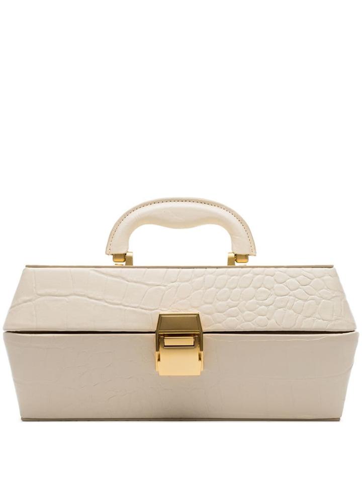 Staud White Lincoln Crocodile Embossed Leather Makeup Bag