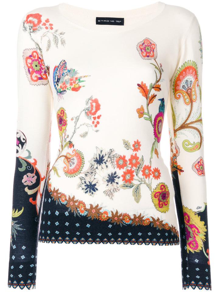 Etro - Floral Print Sweater - Women - Silk/cashmere - 44, Nude/neutrals, Silk/cashmere