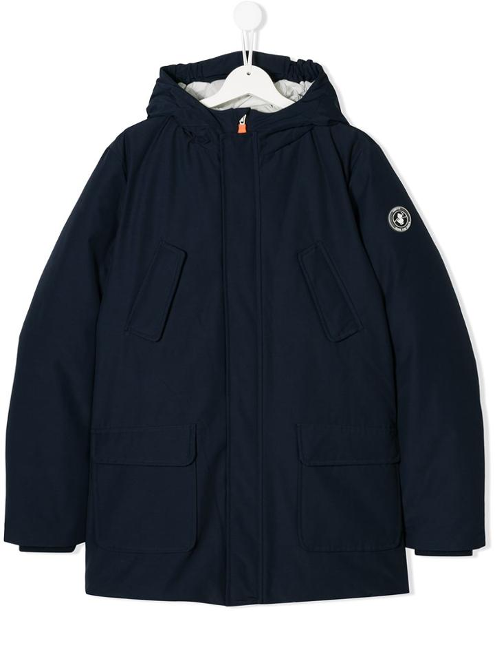 Save The Duck Kids Teen Logo Patch Hooded Coat - Blue