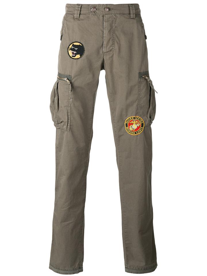 History Repeats Badge Patch Cargo Trousers, Men's, Size: 46, Green, Cotton