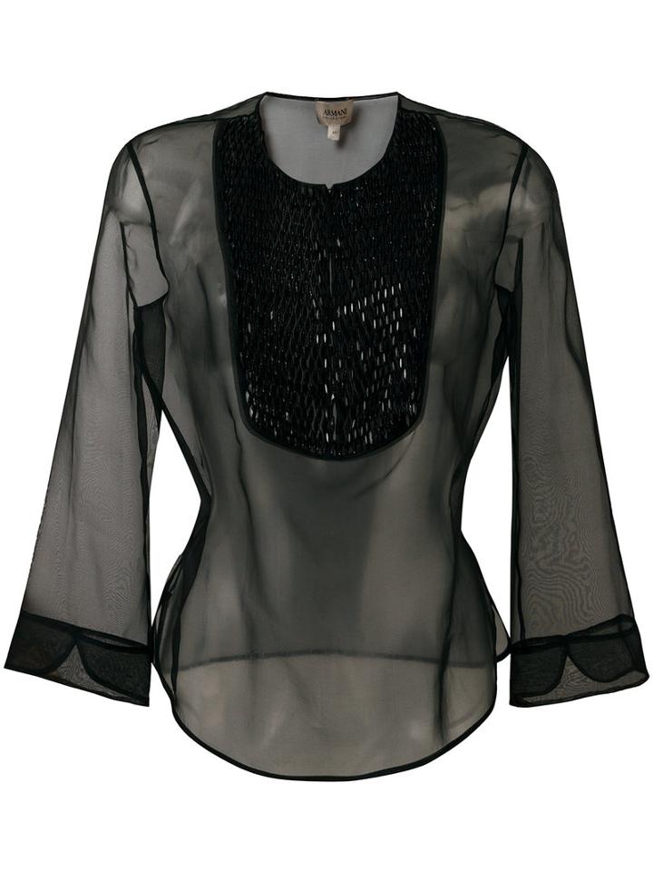 Armani Collezioni Three-quarters Sleeve Sheer Blouse, Women's, Size: 44, Black, Silk/glass