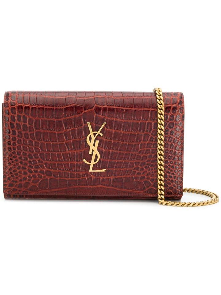Saint Laurent Monogram Crocodile Embossed Shoulder Bag - Brown